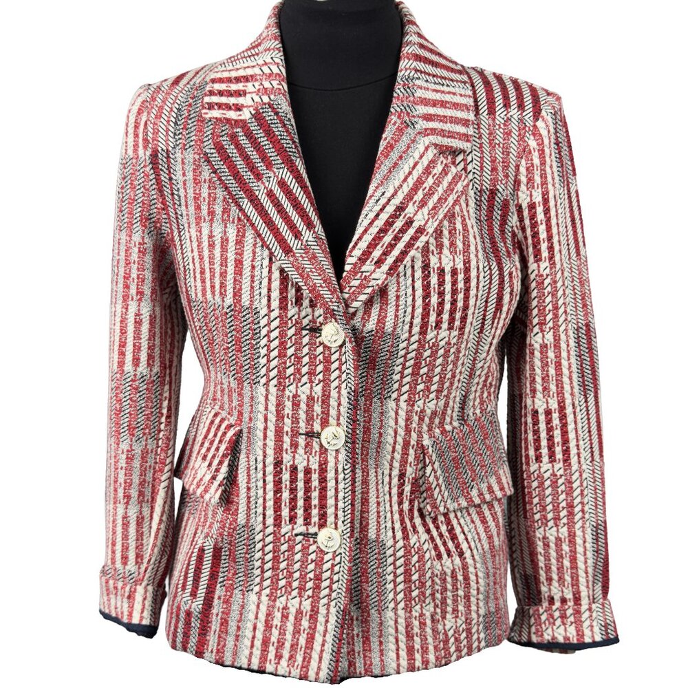 CABI Textured Stripe Blazer Red Cream Black Size S